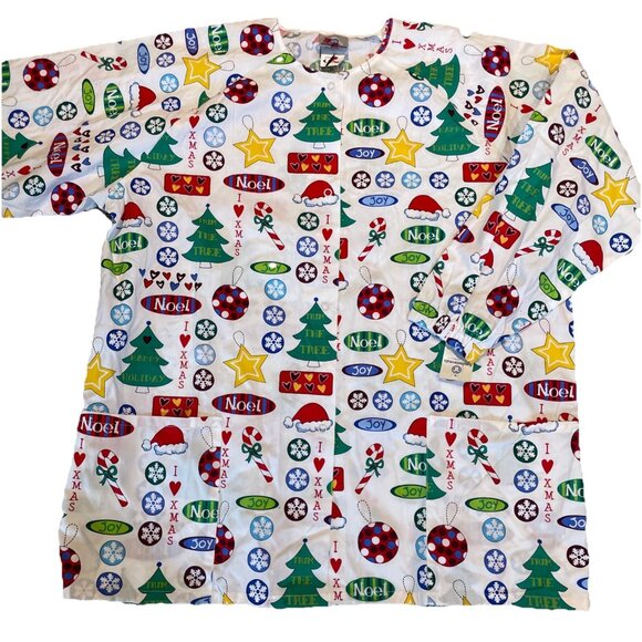 Fundamentals Scrub Top Jacket Women's L Christmas Holiday Medical Uniform  NEW - Picture 1 of 10